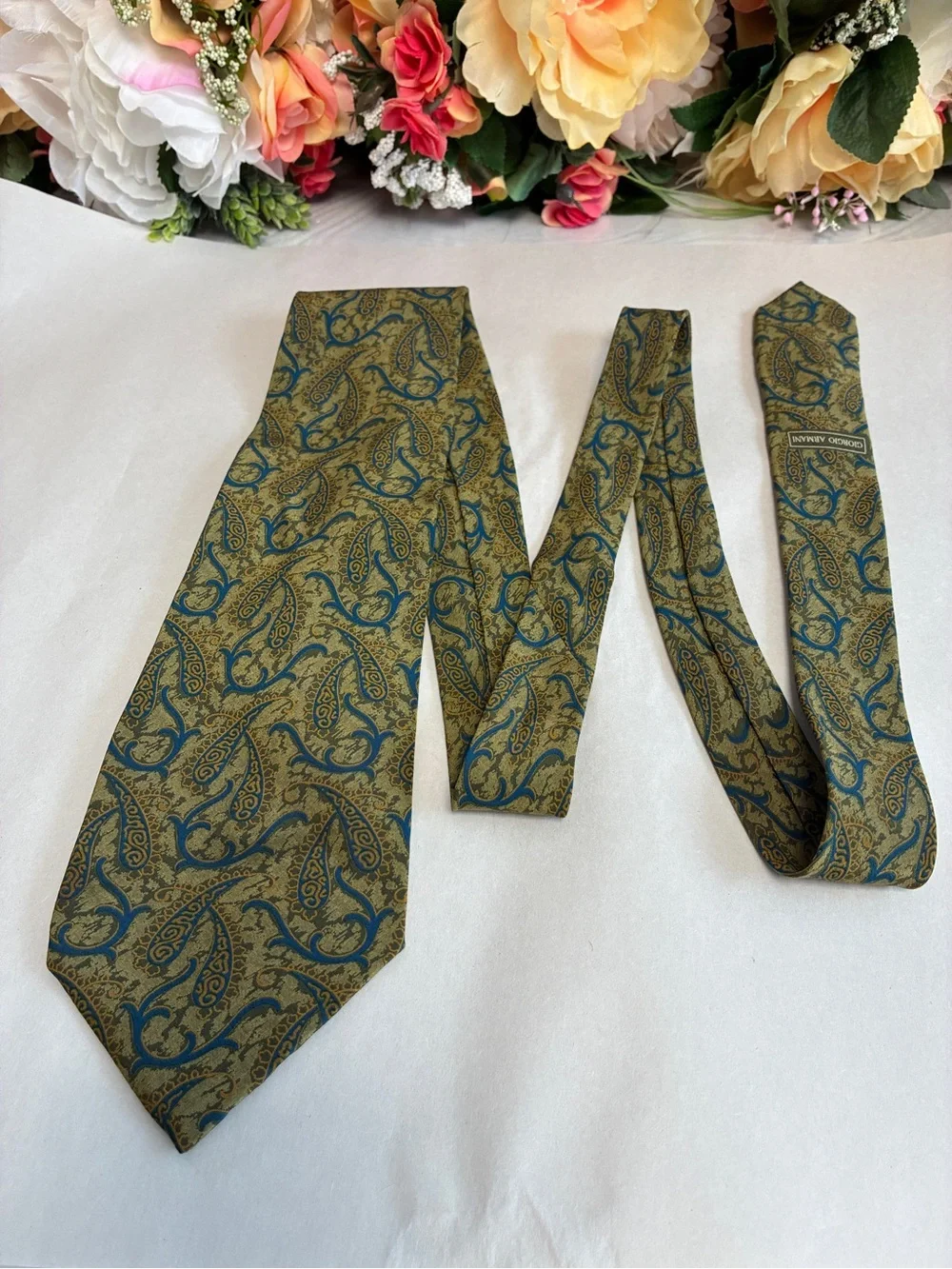 Giorgio Armani Cravatte Paisley Necktie Olive Blue Gold Made in Italy Mens 59in